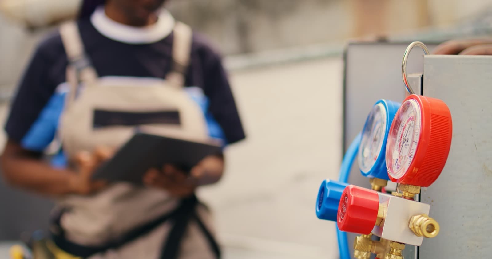 An HVAC refrigeration manifold gauge set in focus while a technician reviews figures on a tablet.